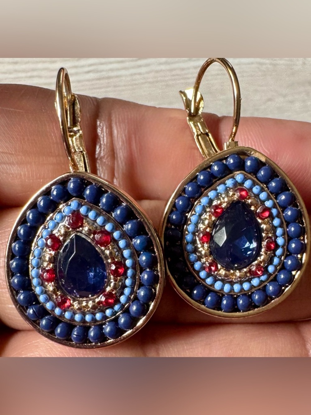 Beaded Gold-Tone Blue & Red Teardrop Crystal Drop Earrings - Picture 5 of 5